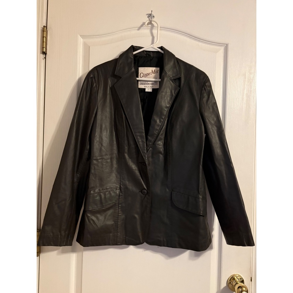 Clipper Mist Leather Blazer Women 18 Reg Black Excellent Londontown Vintage